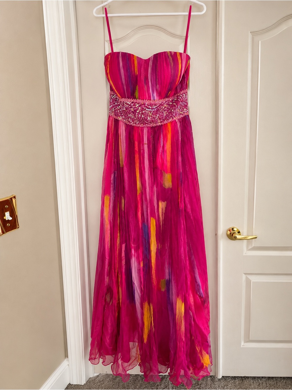 Women's Multi Print Fuschia Strapless Evening Dress w/ Beaded Waist